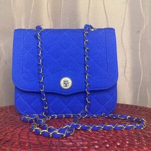 Blue Quilted Bag with Gold Hardware and Chain